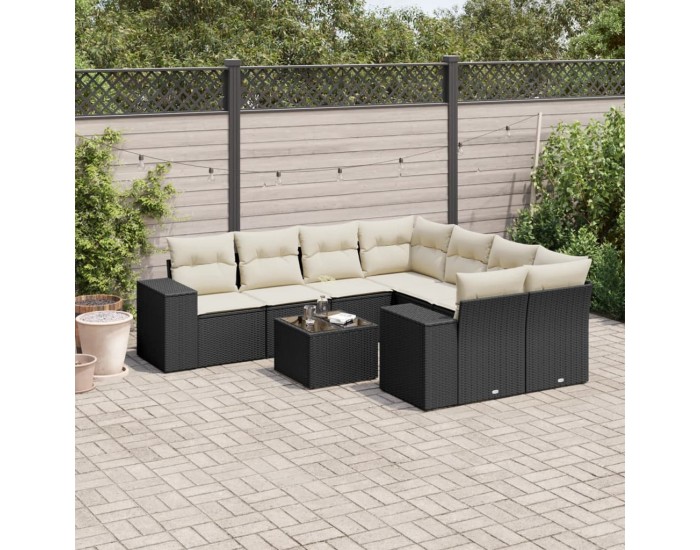 Sonata H Градински комплект диван с възглавници 9 части черен полиратан