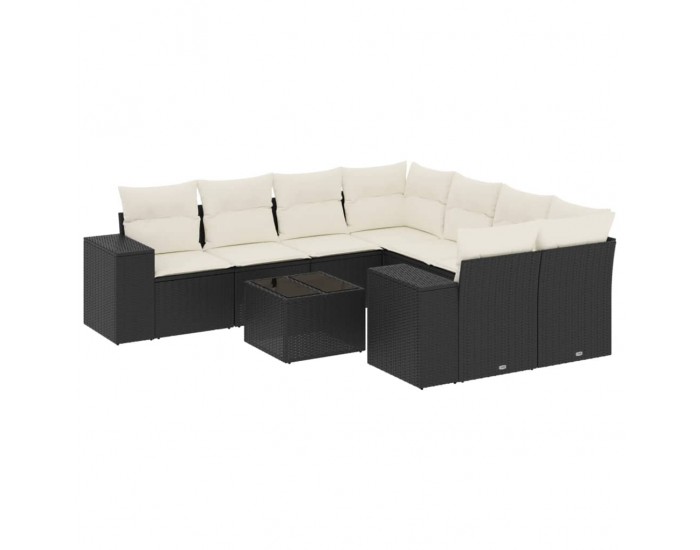 Sonata H Градински комплект диван с възглавници 9 части черен полиратан