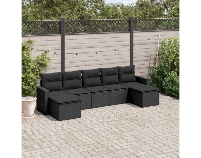 Sonata H Градински комплект диван с възглавници 7 части черен полиратан