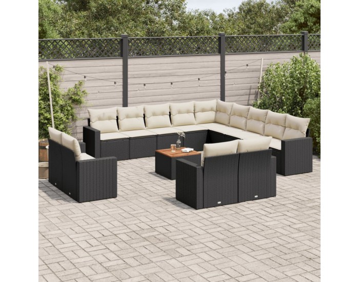 Sonata H Градински диван с възглавници, 14 части, черен, полиратан