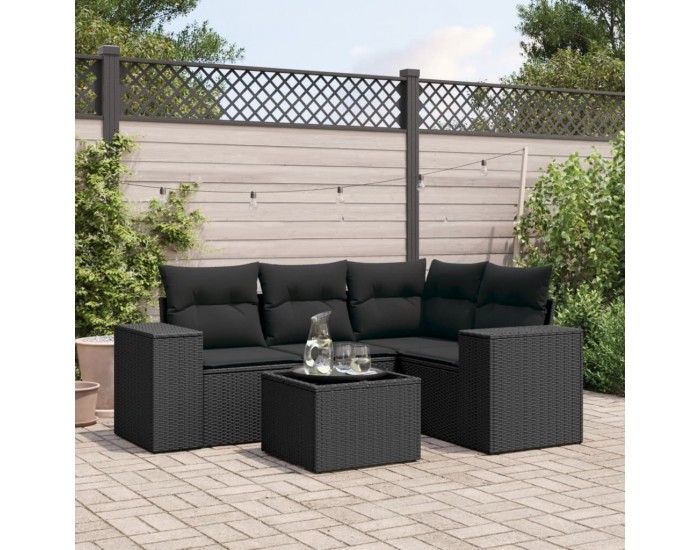Sonata H Градински комплект с възглавници, 5 части, черен полиратан