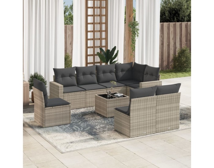 Sonata H Градински комплект с възглавници, 9 части, светлосив полиратан