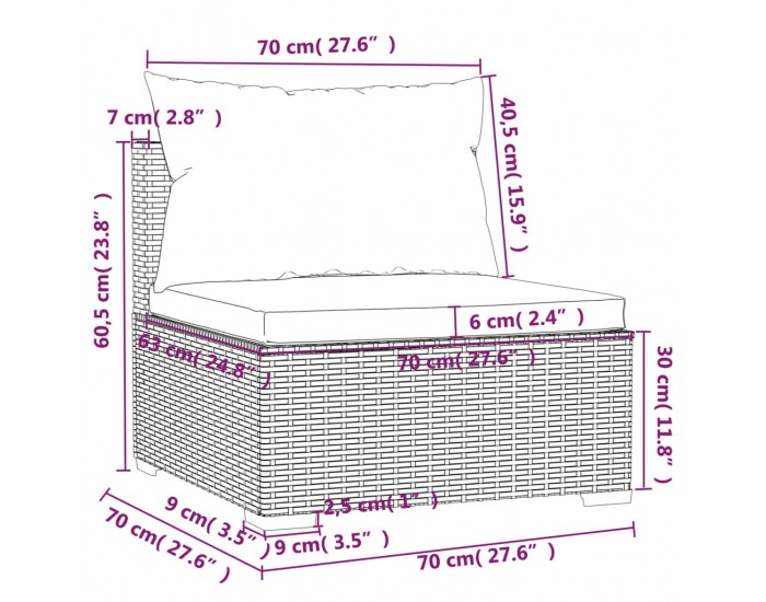 Sonata H Градински среден диван с възглавници, сив, полиратан