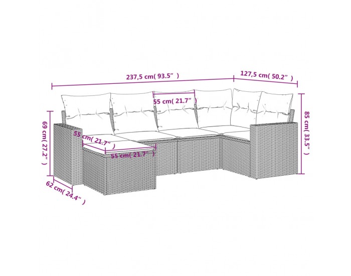 Sonata H Градински диван с възглавници, 6 части, черен, полиратан