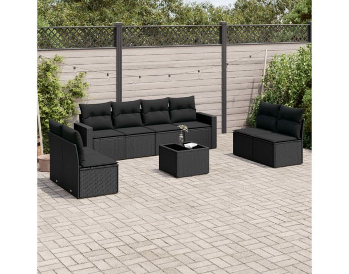 Sonata H Градински комплект диван с възглавници 9 части черен полиратан