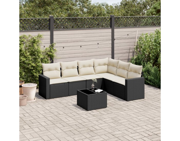 Sonata H Градински комплект диван с възглавници 7 части черен полиратан