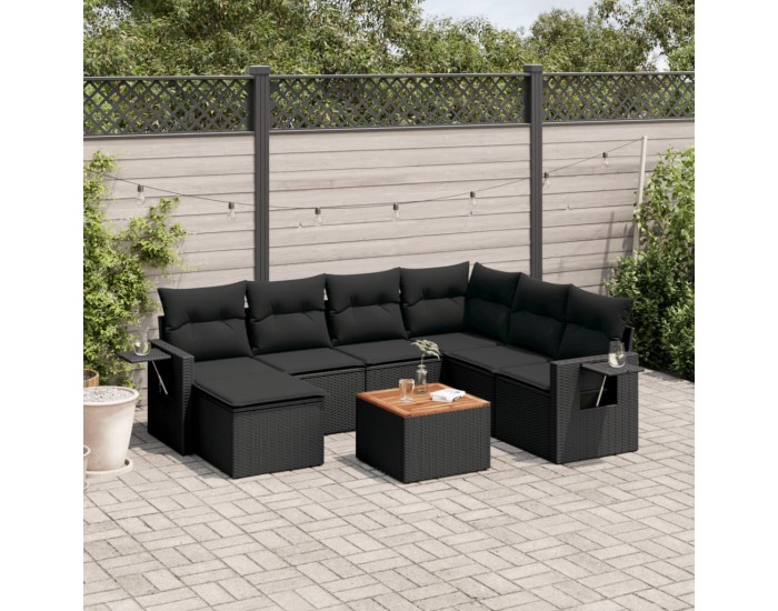 Sonata H Градински комплект диван с възглавници 8 части черен полиратан