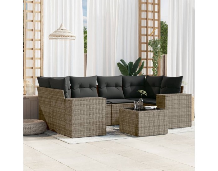 Sonata H Градински диван с възглавници, 7 части, полиратан, сив