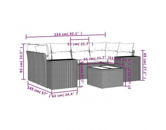 Sonata H Градински диван с възглавници, 7 части, полиратан, сив