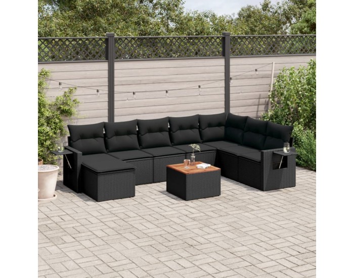 Sonata H Градински комплект диван с възглавници 9 части черен полиратан
