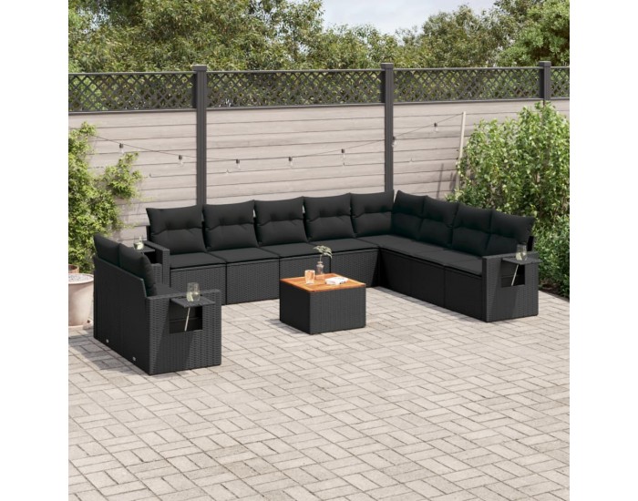 Sonata H Градински комплект диван с възглавници 11 части черен полиратан