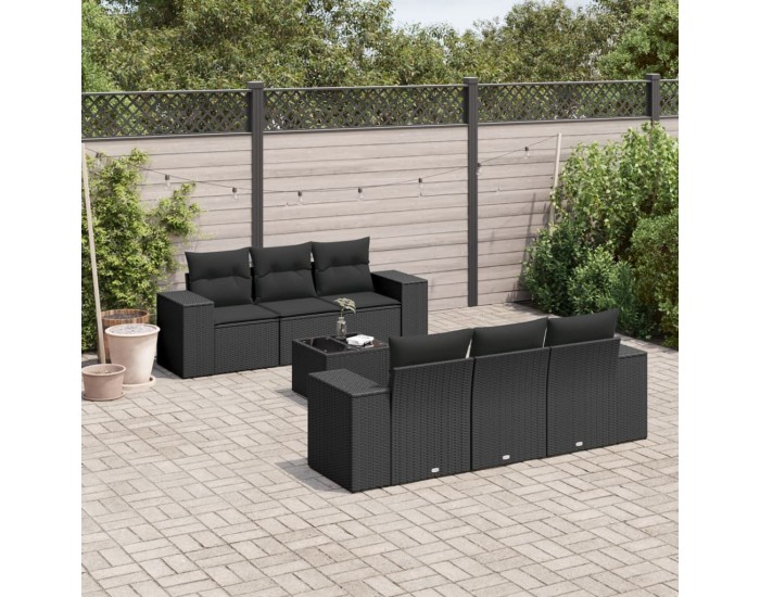 Sonata H Градински комплект диван с възглавници 7 части черен полиратан