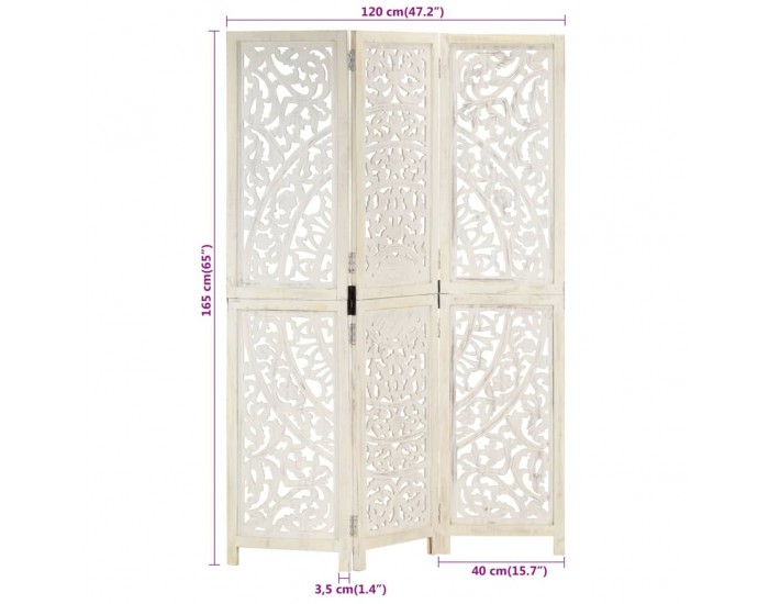 Sonata H Ръчно резбован параван, 3 панела, бял, 120x165 cм, манго масив Sonata H Ръчно резбован параван, 3 панела, бял, 120x165 cм, манго масив