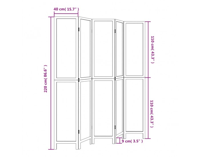 Sonata H Разделител за стая, 5 панела, бял, дърво пауловния масив