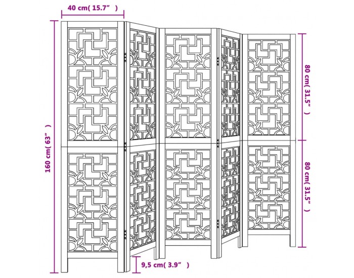 Sonata H Разделител за стая, 5 панела, кафяв, дърво пауловния масив