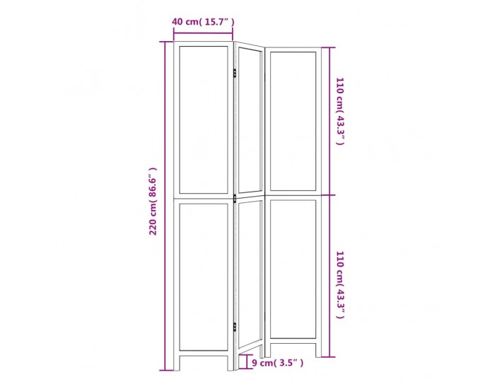 Sonata H Разделител за стая, 3 панела, бял, дърво пауловния масив
