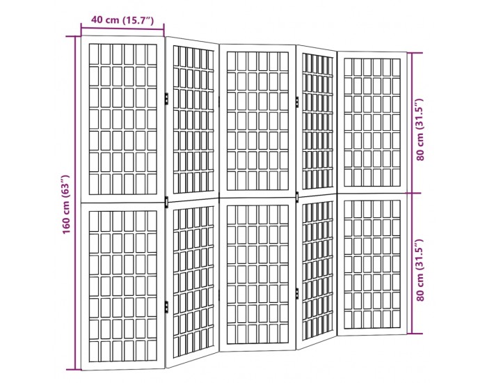 Sonata H Разделител за стая, 5 панела, бял, дърво пауловния масив