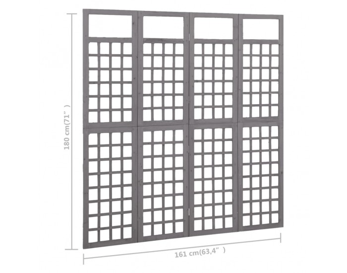 Sonata H Параван за стая, 4 панела, сив, масивна ела, 161x180 см