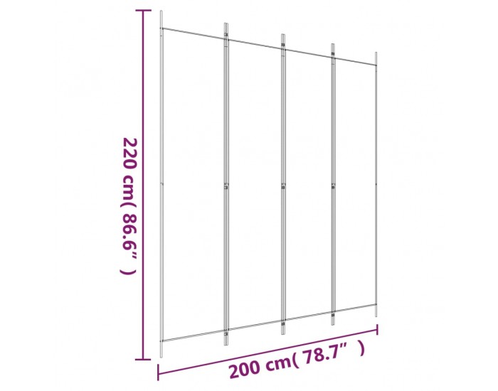 Sonata H Параван за стая, 4 панела, бял, 200x220 см, текстил