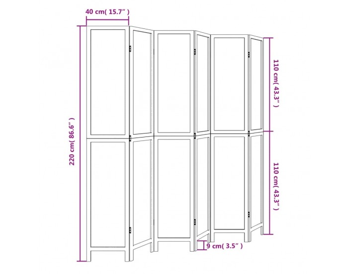 Sonata H Разделител за стая, 6 панела, бял, дърво пауловния масив