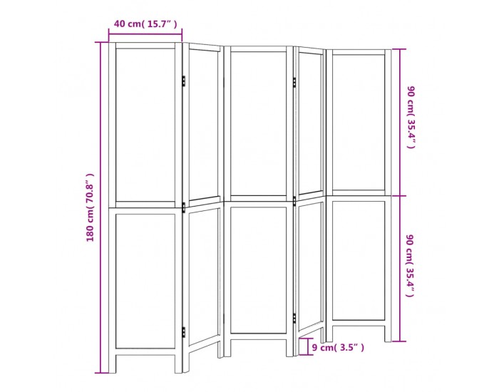 Sonata H Разделител за стая, 5 панела, бял, дърво пауловния масив