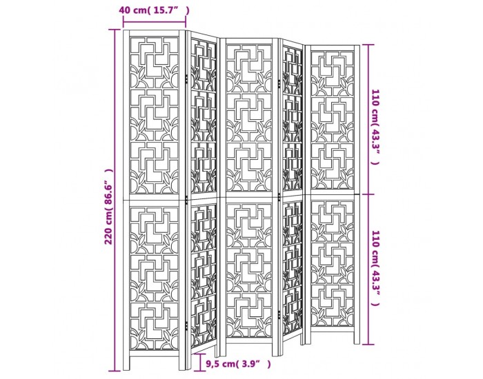 Sonata H Разделител за стая, 5 панела, кафяв, дърво пауловния масив