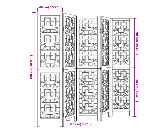 Sonata H Разделител за стая, 5 панела, кафяв, дърво пауловния масив