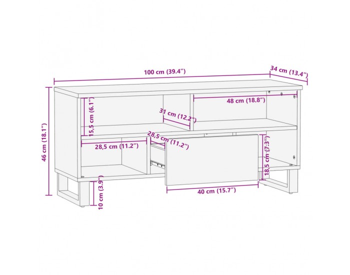 Sonata H ТВ шкаф, 100x34x46 см, масивно акациево дърво