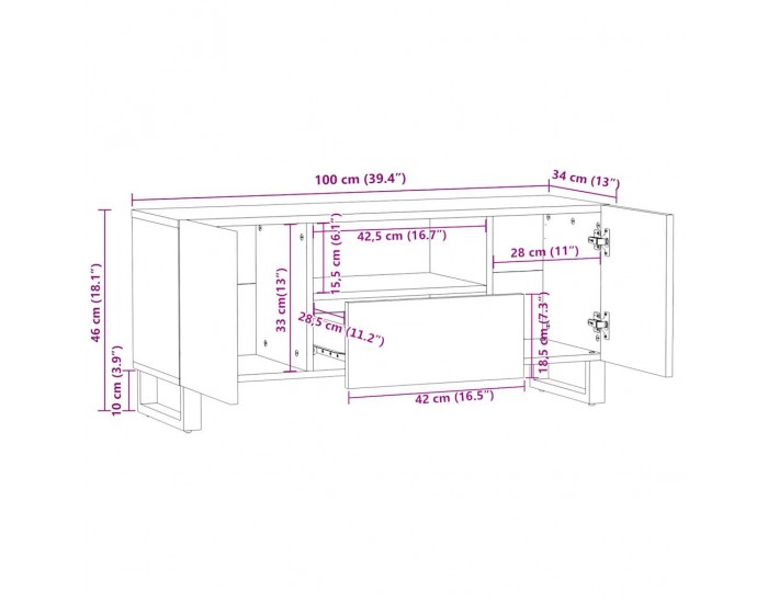 Sonata H ТВ шкаф, 100x34x46 см, мангово дърво масив