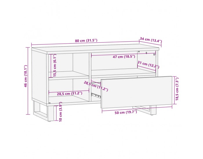 Sonata H ТВ шкаф, кафяв, 80x34x46 см, масивно мангово дърво