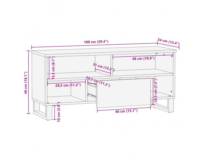 Sonata H ТВ шкаф, 100x34x46 см, мангово дърво масив