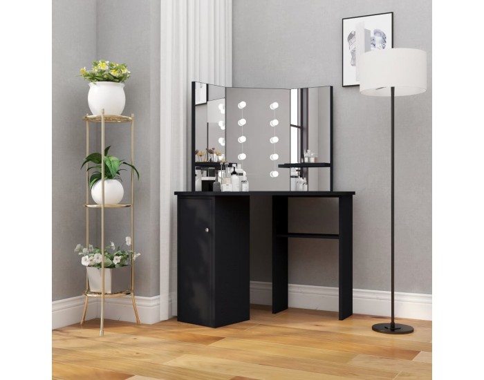 Sonata H Ъглова тоалетка с LED, черна, 111x54x141,5 см