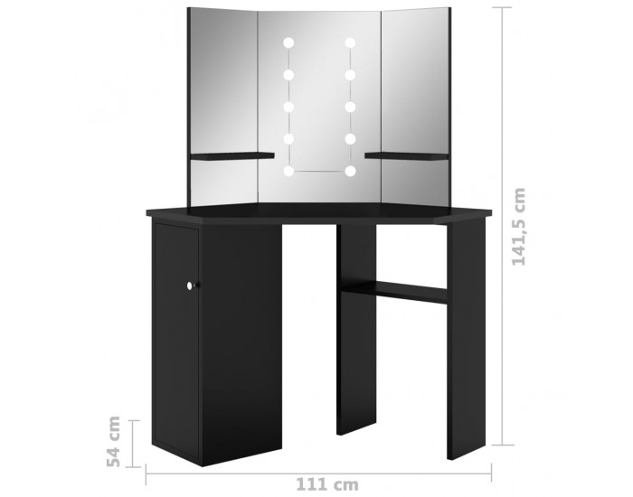 Sonata H Ъглова тоалетка с LED, черна, 111x54x141,5 см