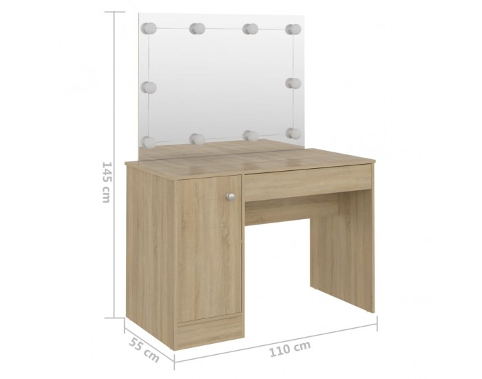 Sonata H Тоалетка с LED лампи, 110x55x145 см, МДФ, дъб