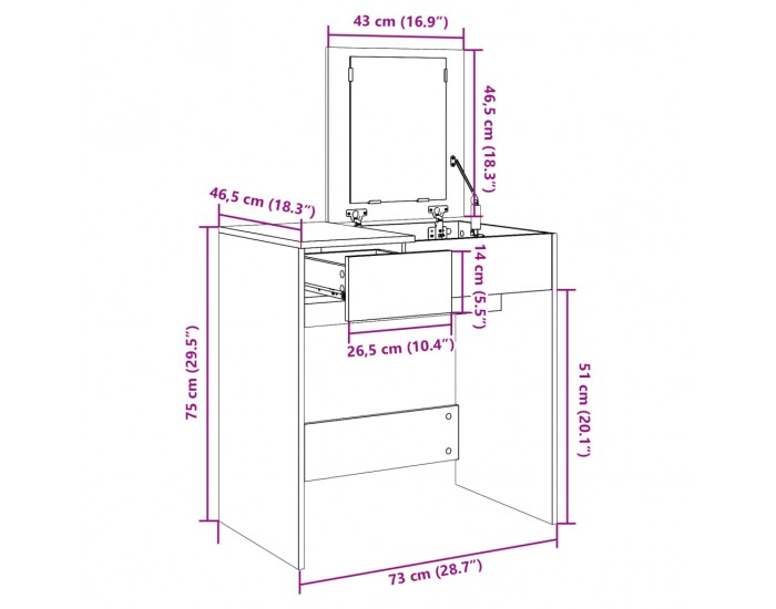 Sonata H Тоалетка с огледало, опушен дъб, 73x46,5x120 см