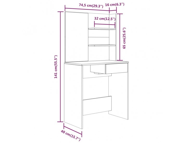 Sonata H Тоалетка с огледало, бетонно сива, 74,5x40x141 см