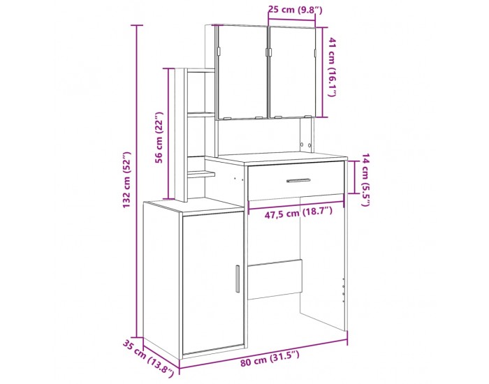 Sonata H Тоалетка с шкаф, черна, 80x35x132 см