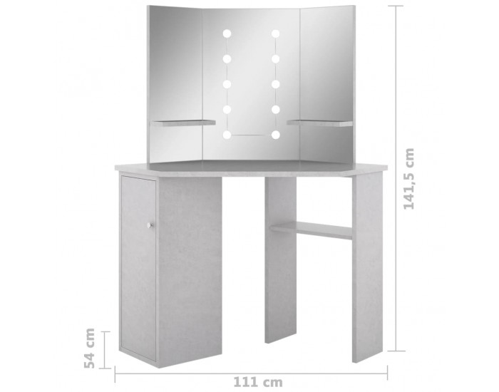 Sonata H Ъглова тоалетка с LED, бетонно сива, 111x54x141,5 см