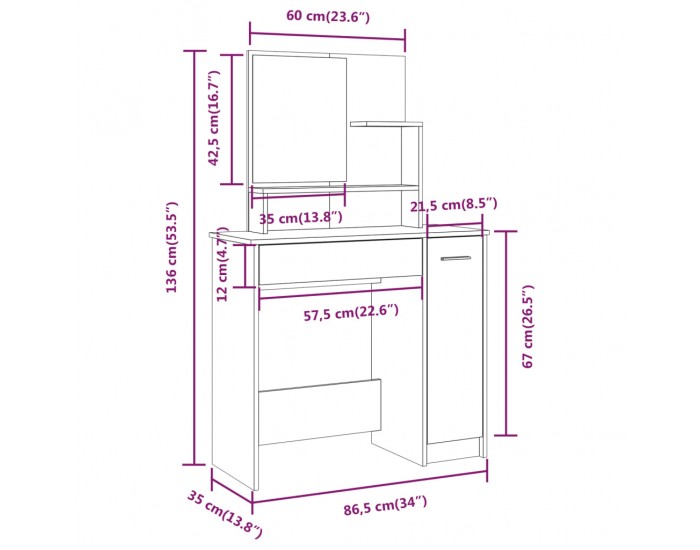 Sonata H Тоалетка с огледало, бетонно сива, 86,5x35x136 см