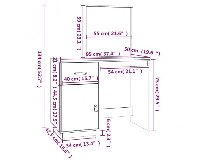 Sonata H Тоалетка, сива, 95x50x134 см, борово дърво масив Sonata H Тоалетка, сива, 95x50x134 см, борово дърво масив