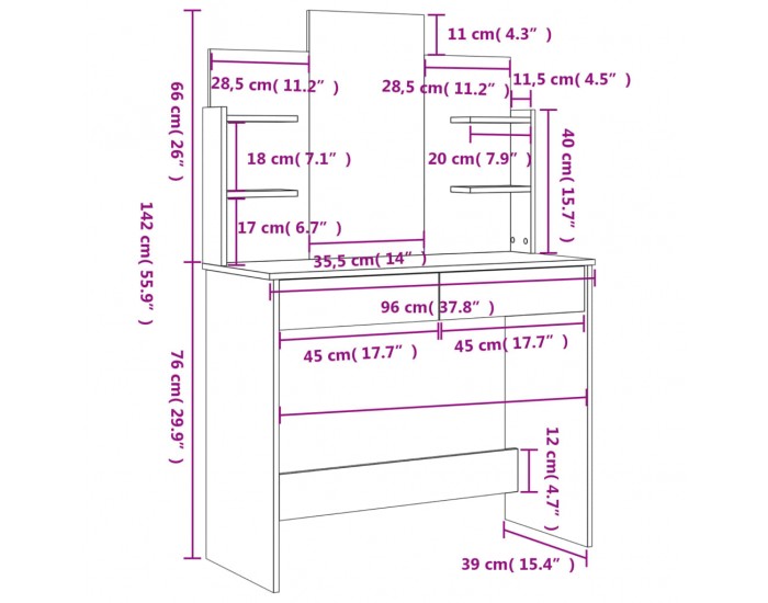 Sonata H Тоалетка с огледало, дъб сонома, 96x39x142 см