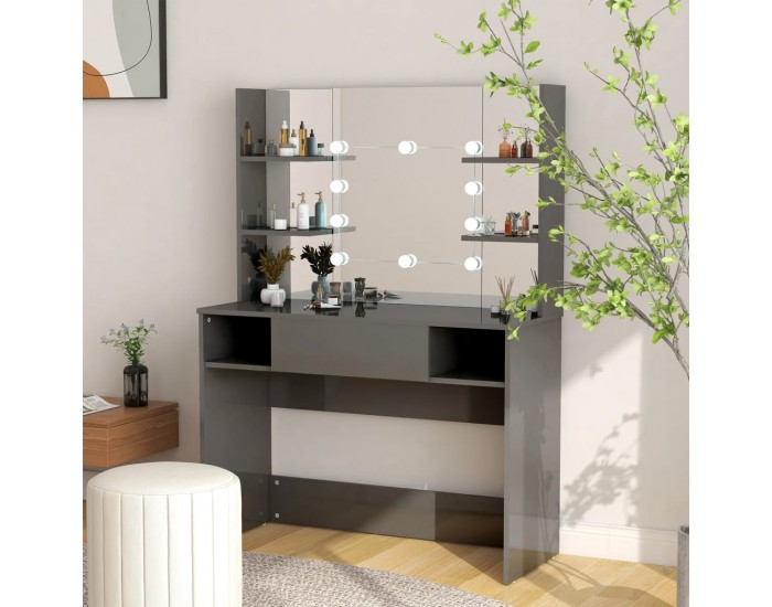 Sonata H Тоалетка с LED лампи, 100x40x135 см, МДФ, сияйно сиво