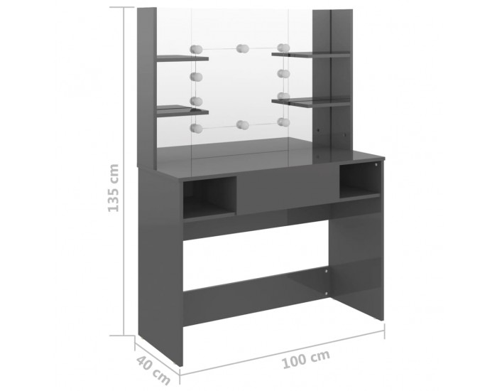 Sonata H Тоалетка с LED лампи, 100x40x135 см, МДФ, сияйно сиво