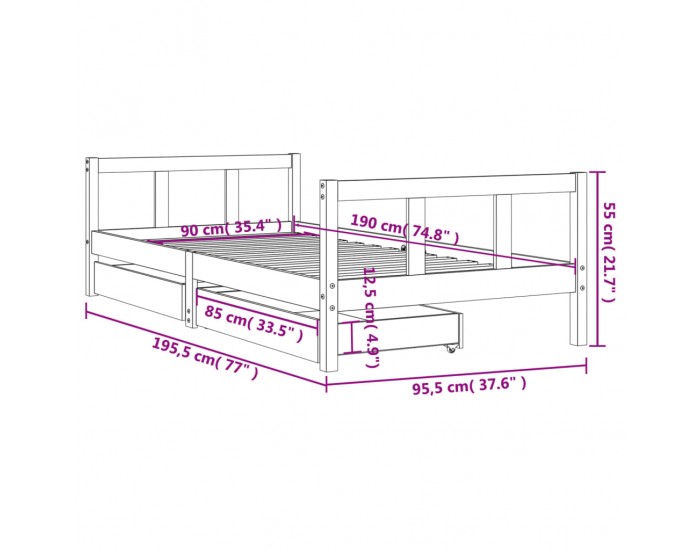 Sonata H Детска рамка за легло с чекмеджета, черна, 90x190 см, бор масив