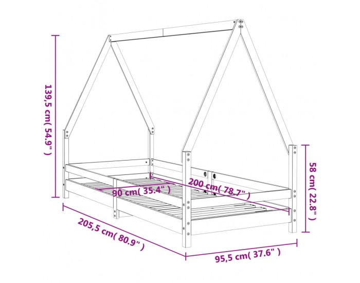 Sonata H Рамка за детско легло бяла 90x200 см масивна борова дървесина