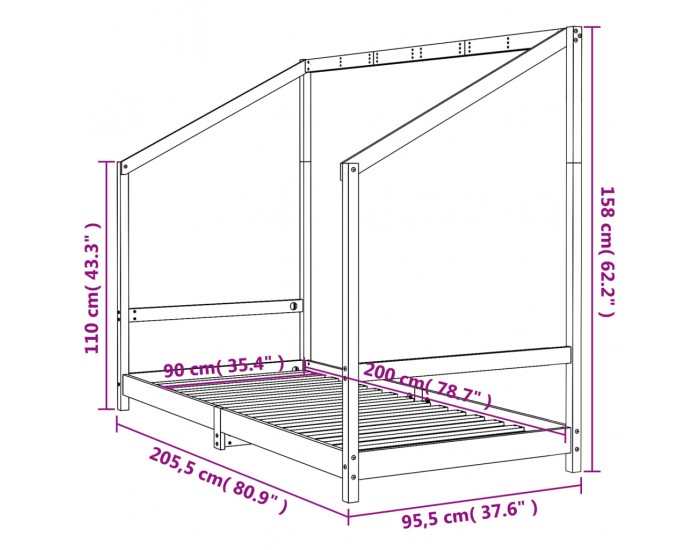 Sonata H Рамка за детско легло бяла 90x200 см масивна борова дървесина