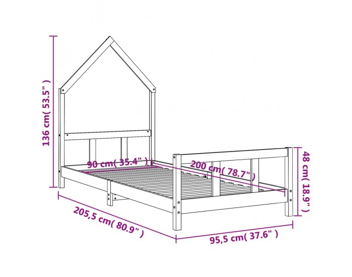 Sonata H Рамка за детско легло, черна, 90x200 см, масивно борово дърво