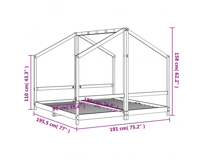 Sonata H Рамка за детско легло бяла 2x(90x190) см борово дърво масив