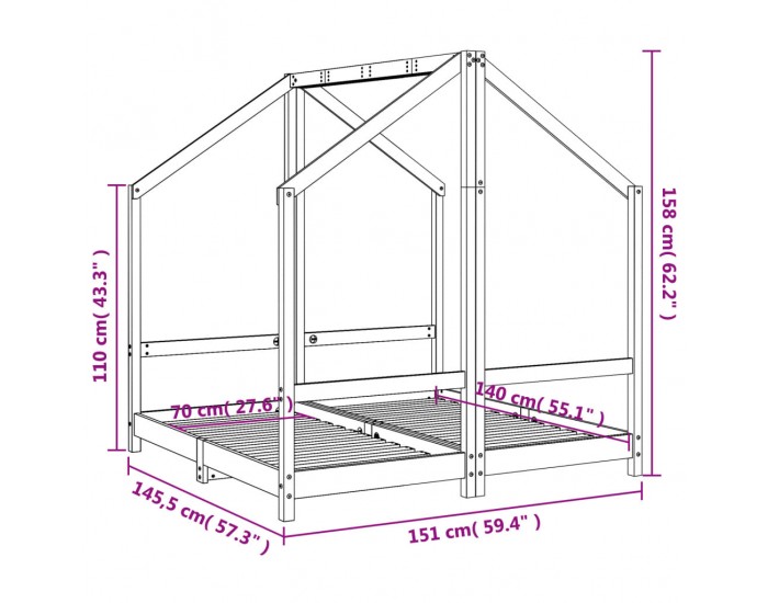 Sonata H Рамка за детско легло, 2x(70x140) см, масивна борова дървесина