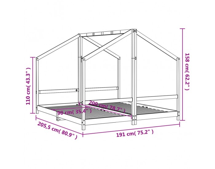 Sonata H Рамка за детско легло бяла 2x(90x200) см борово дърво масив